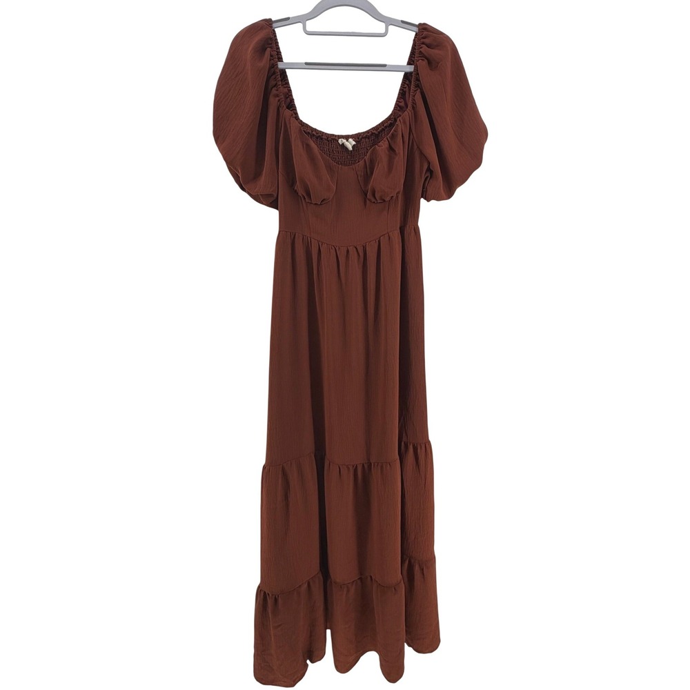Endless Blue Maxi Dress Women Small‎ Rust Brown Puff Sleeve Tiered Milkmaid Boho